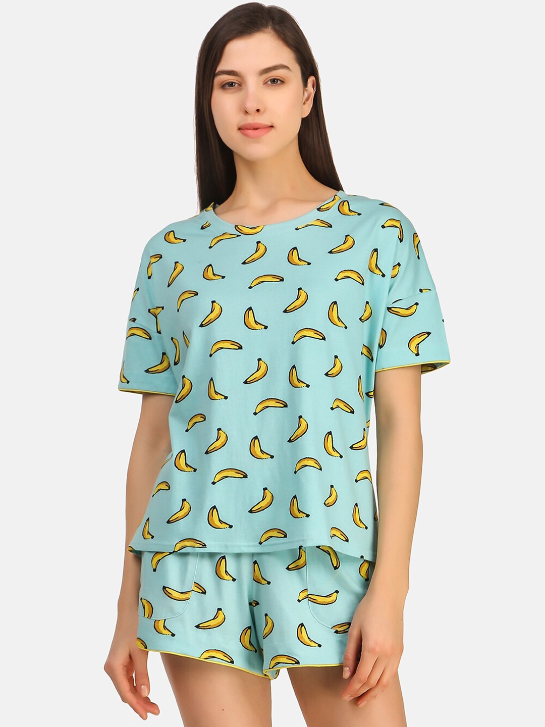 

Masha Women Blue & Yellow Printed Cotton Night suit