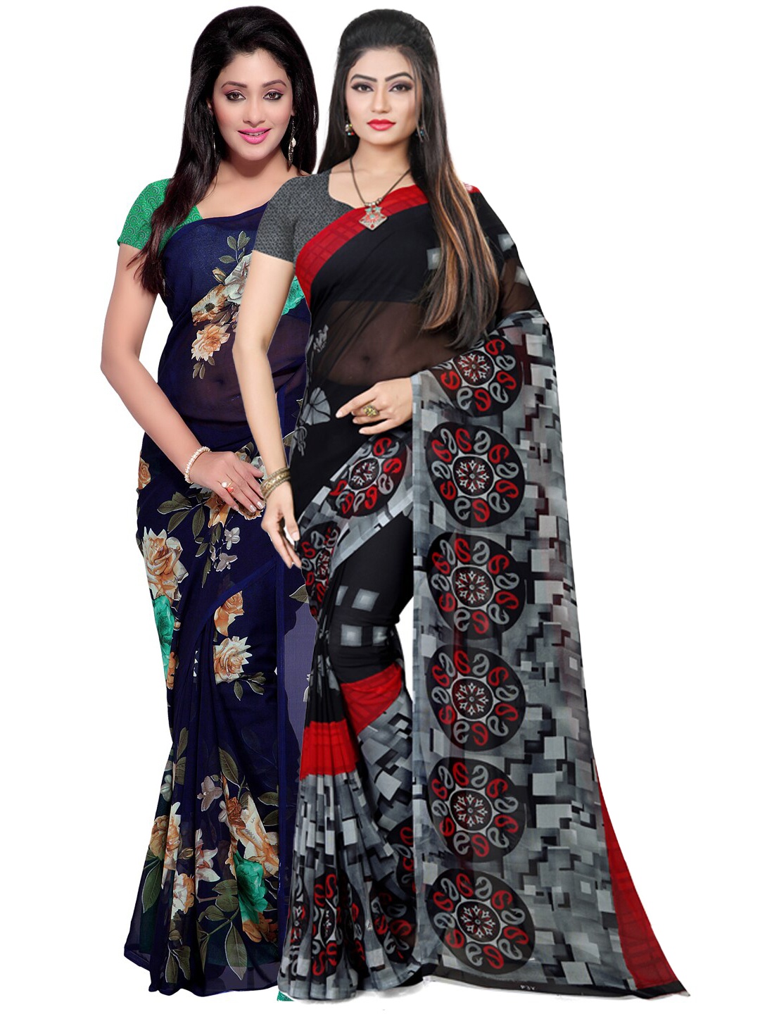 

ANAND SAREES Pack of 2 Floral Poly Georgette Saree, Navy blue