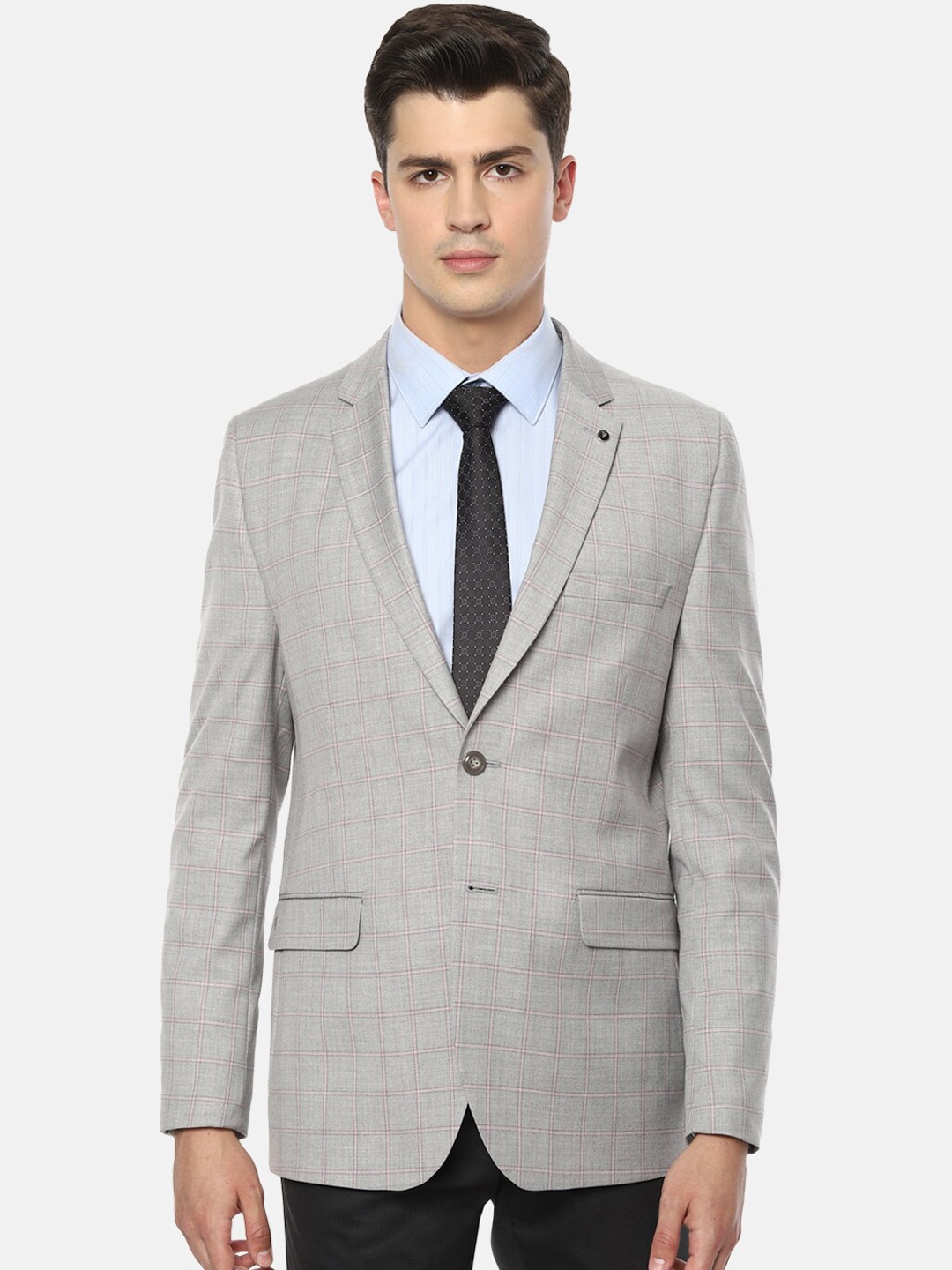 

Van Heusen Men Grey Checked Slim-Fit Single-Breasted Formal Blazer