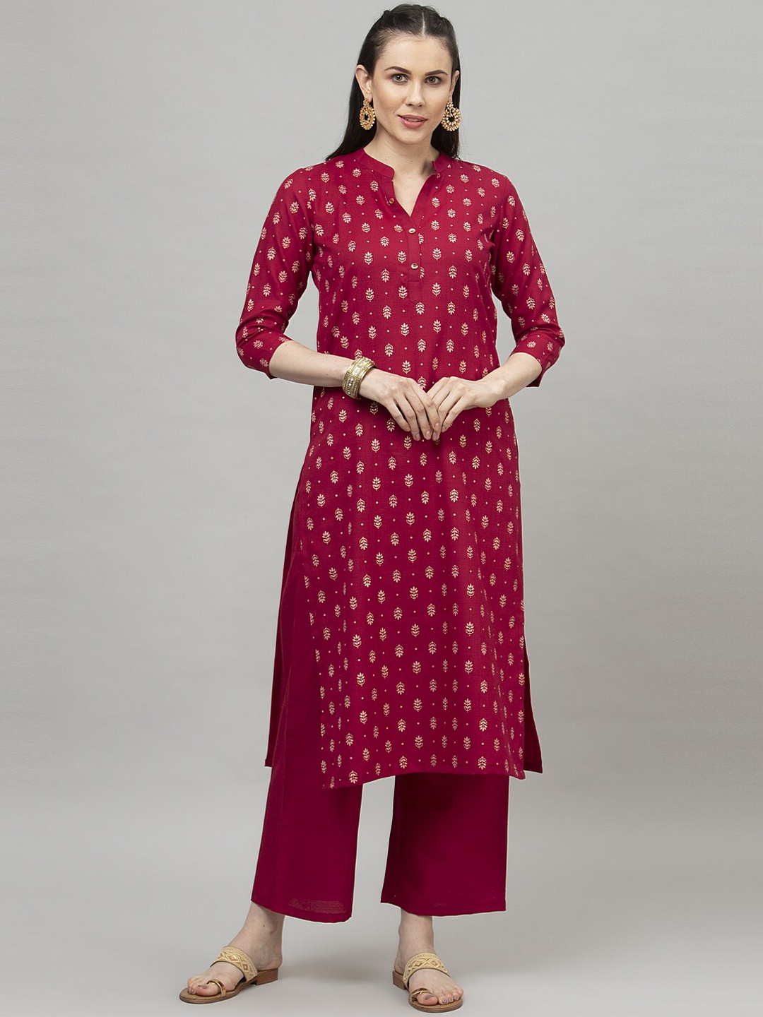 

SANISA Women Maroon Ethnic Motifs Printed Pure Cotton Kurta with Palazzos