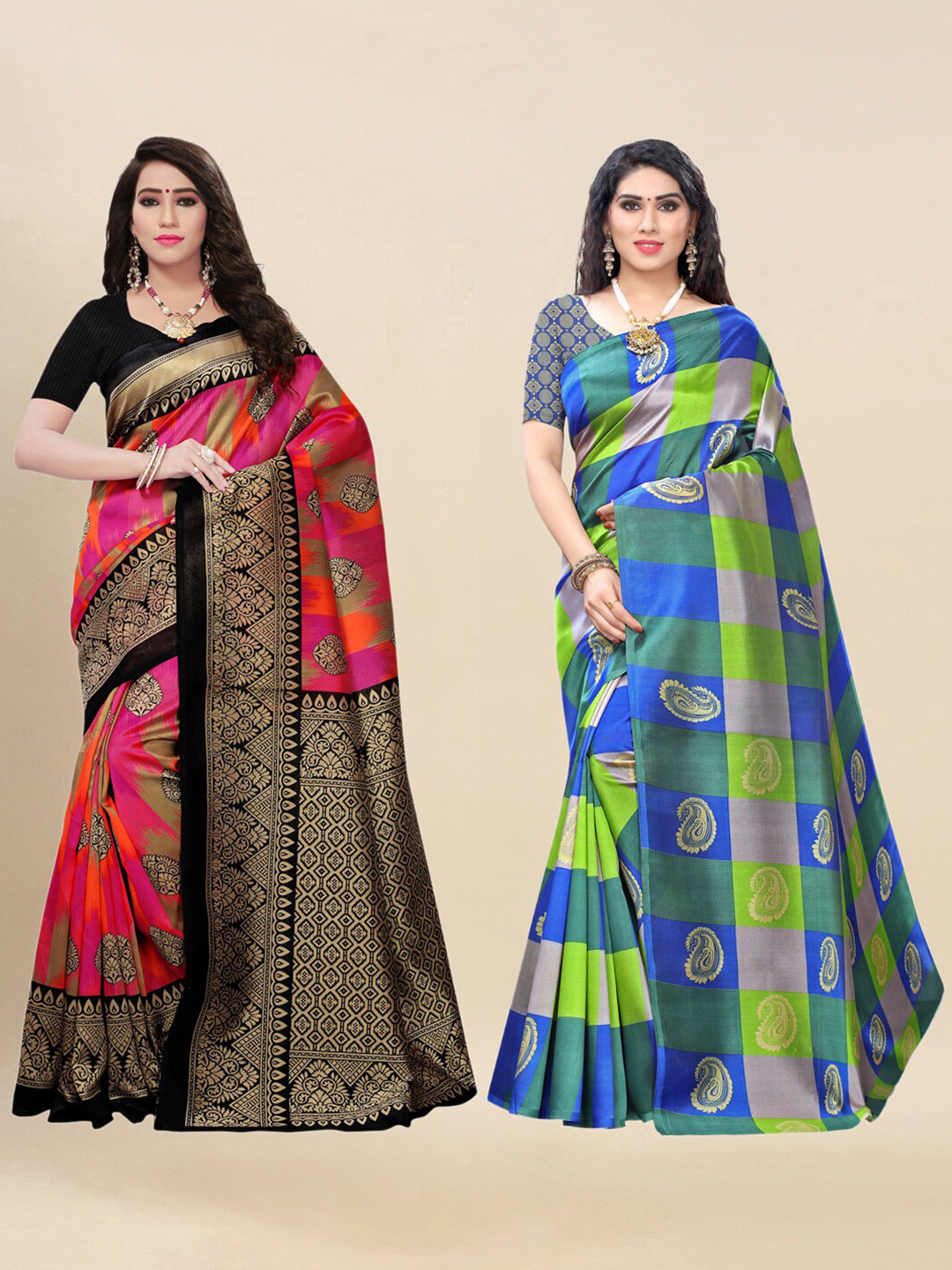 

KALINI Pack of 2 Black & Pink Woven Design Sarees