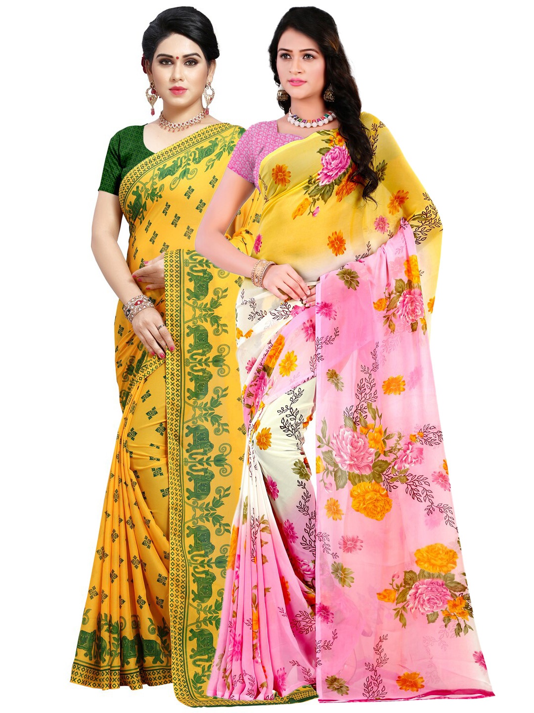 

ANAND SAREES Pack Of 2 Pink & Yellow Ethnic Motifs Sarees