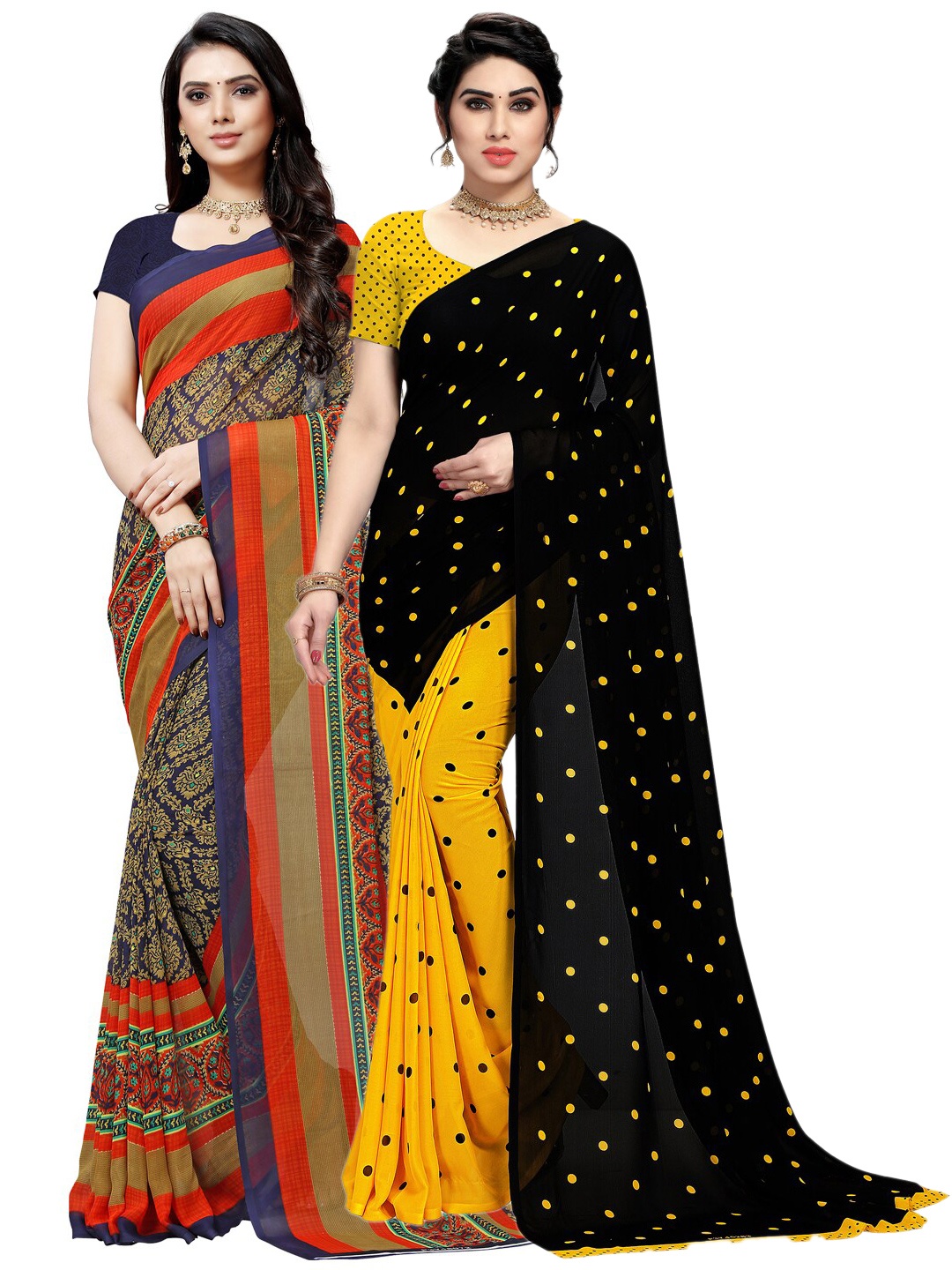 

ANAND SAREES Pack of 2 Ethnic Motifs Printed Poly Georgette Saree, Blue
