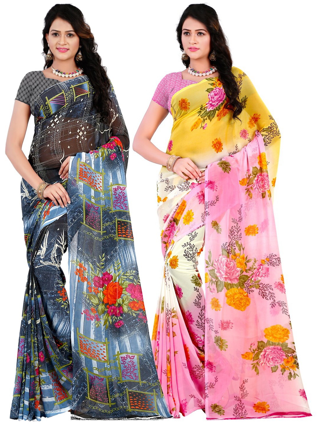 

ANAND SAREES Pack Of 2 Black & Pink Floral Saree
