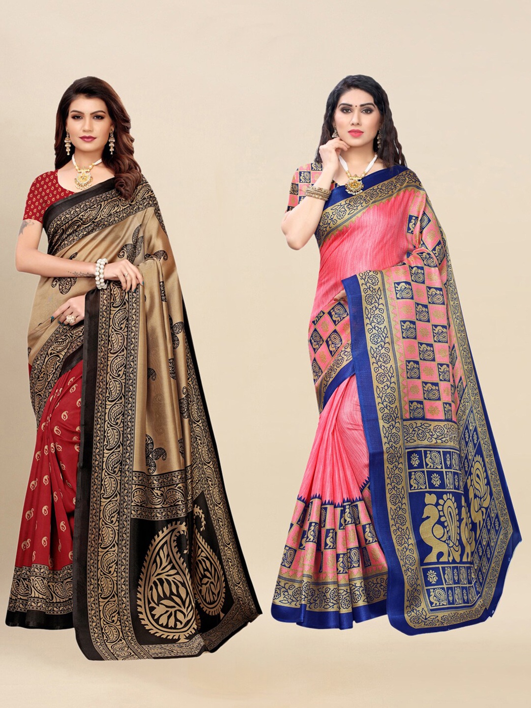 

KALINI Beige & Pink Pack of 2 Ethnic Motifs Saree