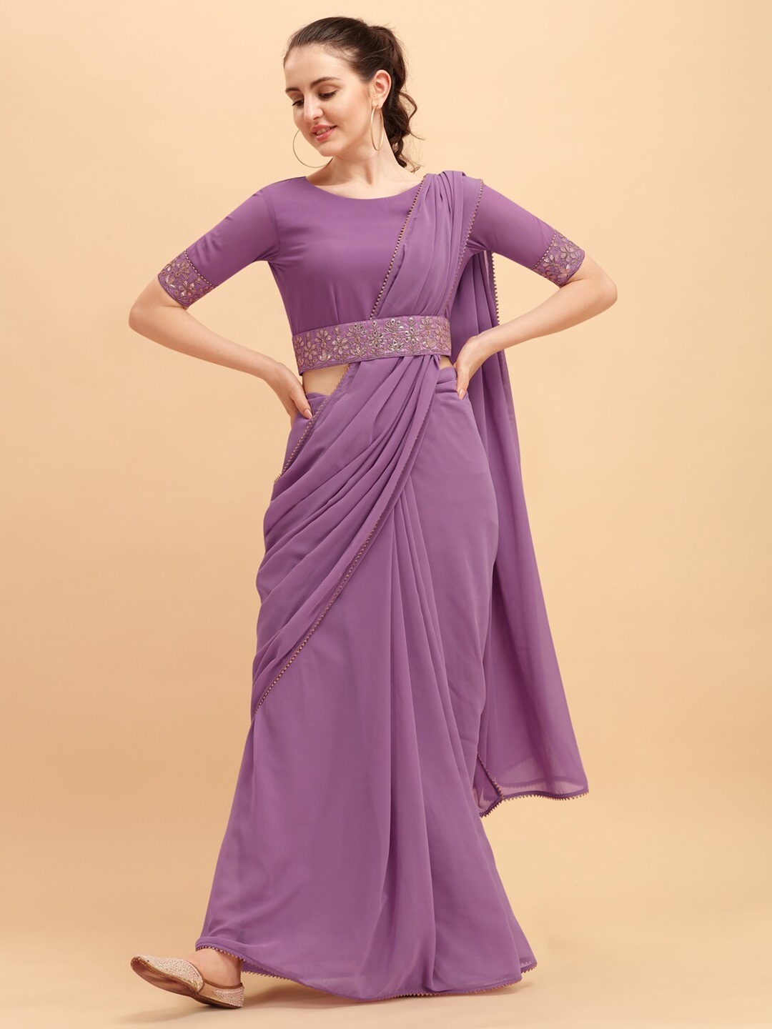 

Sangria Women Purple Solid Georgette Saree with Embellished Belt