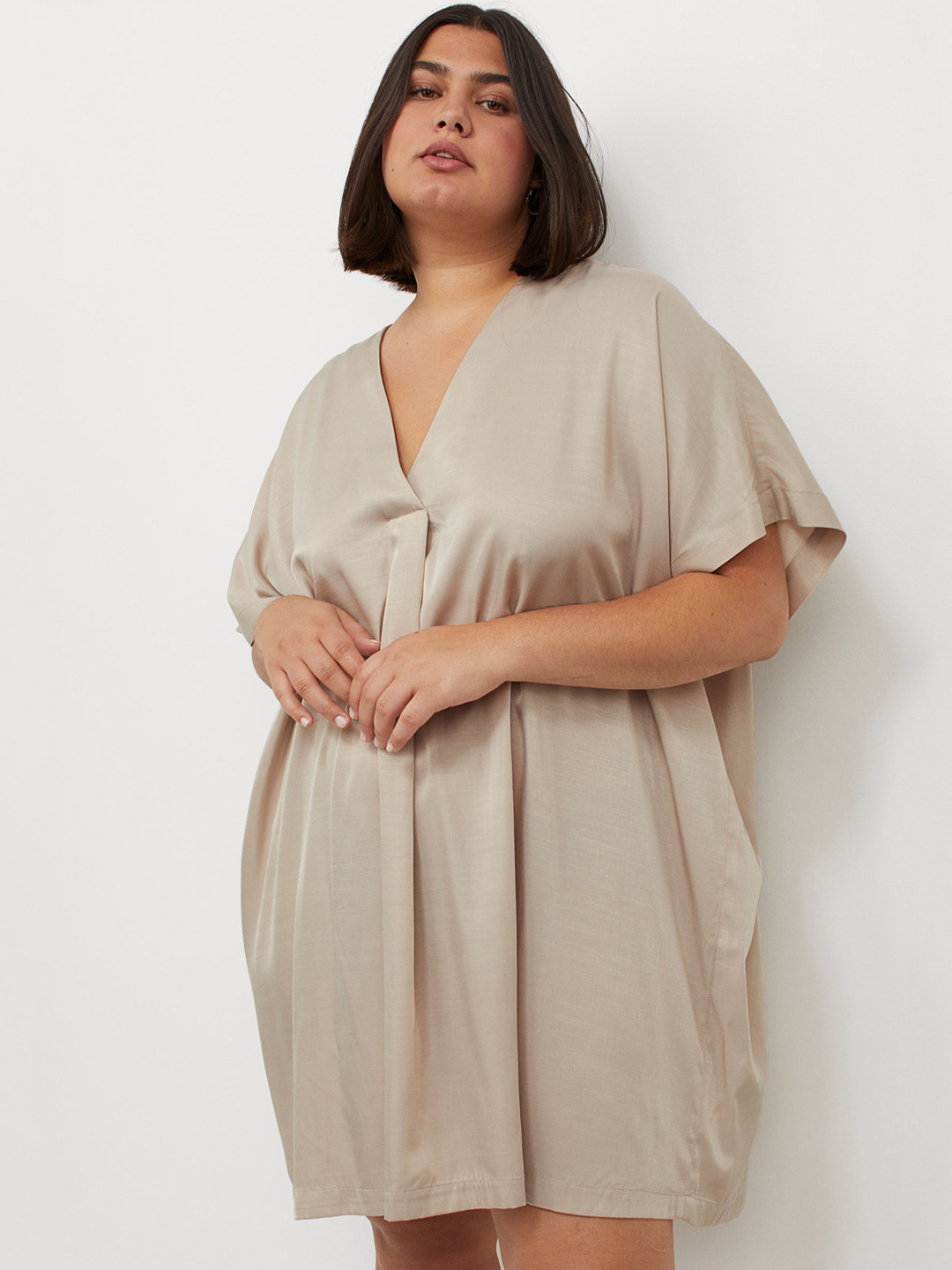 

H&M+ Women Beige Solid V-Neck Dress