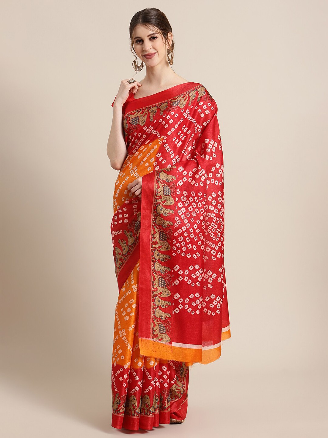 

KSUT Yellow & Red Bandhani Art Silk Bandhani Saree