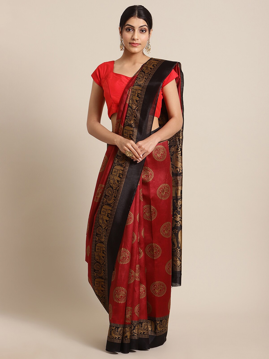 

KSUT Red & Black Ethnic Motifs Zari Art Silk Mysore Silk Saree