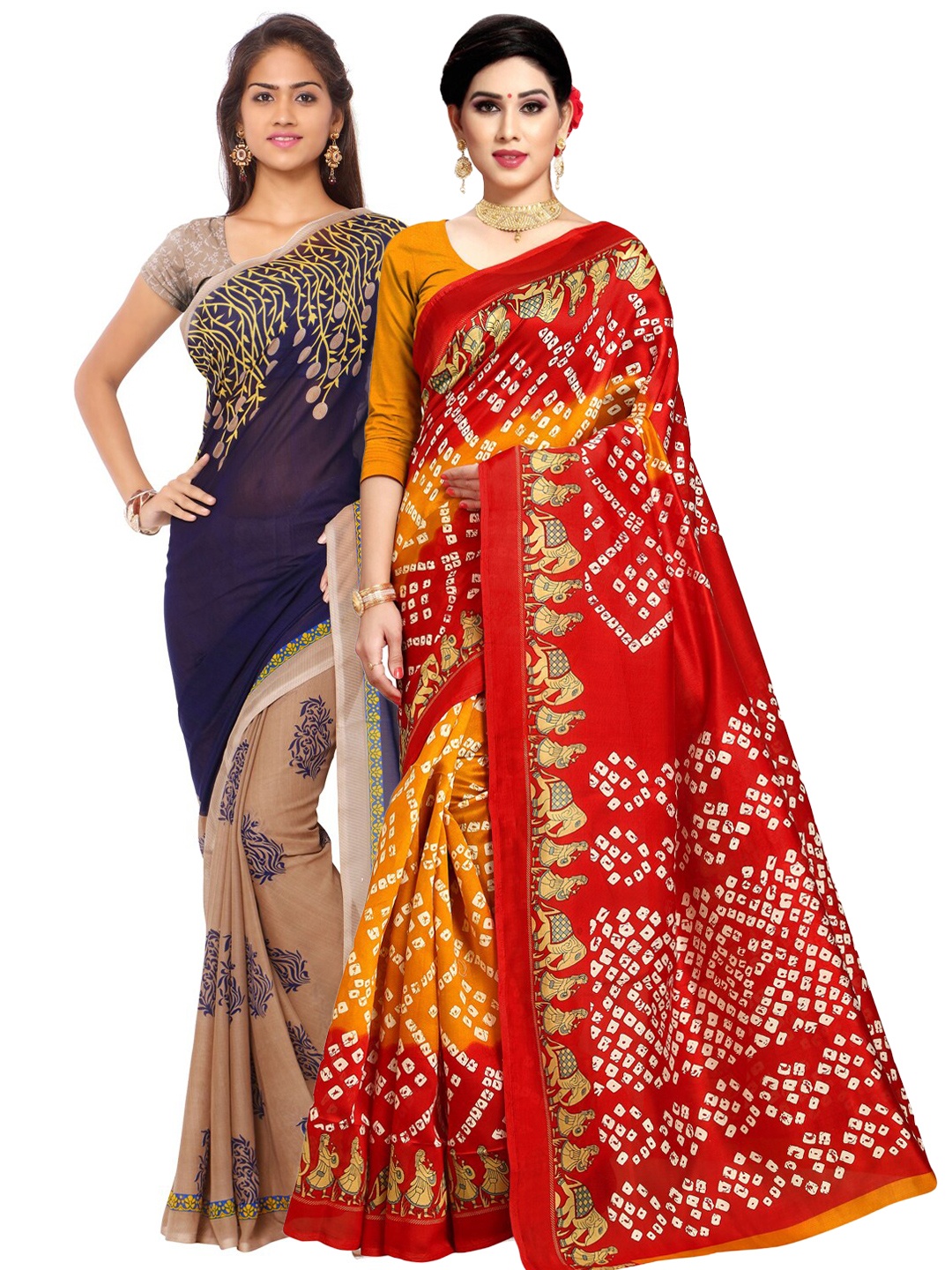 KALINI Pack of 2 Beige & Red Floral Poly Georgette Saree