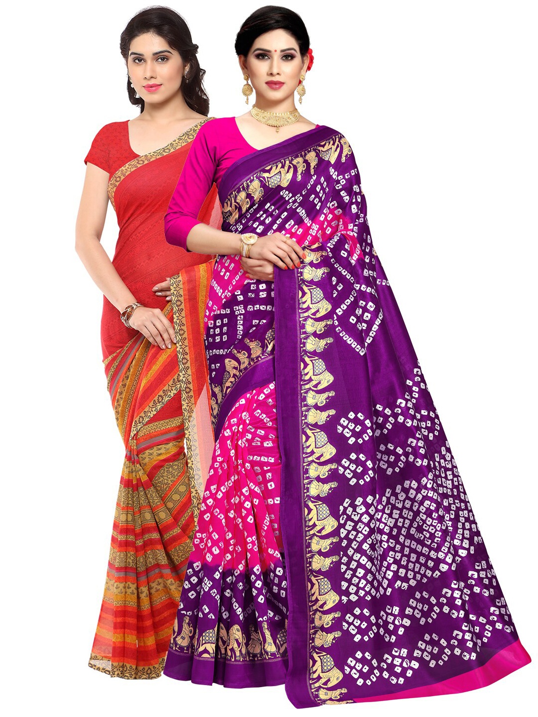 

KALINI Pack Of 2 Purple & Orange Ethnic Motifs Sarees