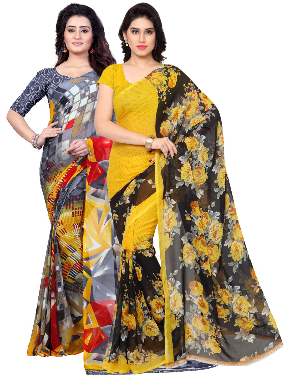 

ANAND SAREES Women Grey & Black Pack of 2 Printed Saree