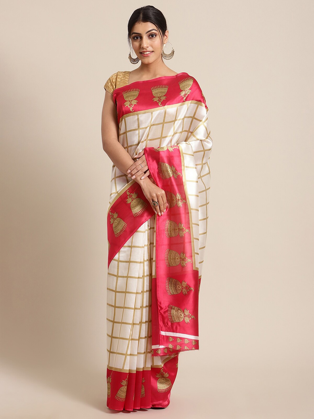 

KSUT White & Red Ethnic Motifs Art Silk Bhagalpuri Saree