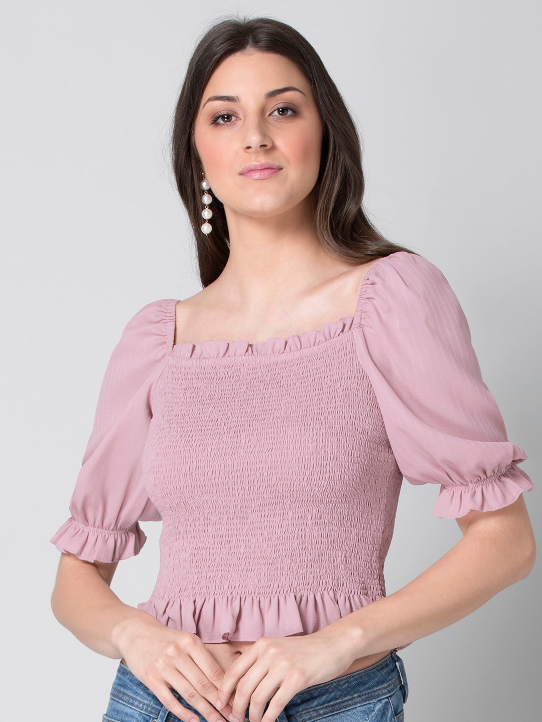 

FabAlley Women Pastel Pink Georgette Solid Smocked Fitted Crop Top