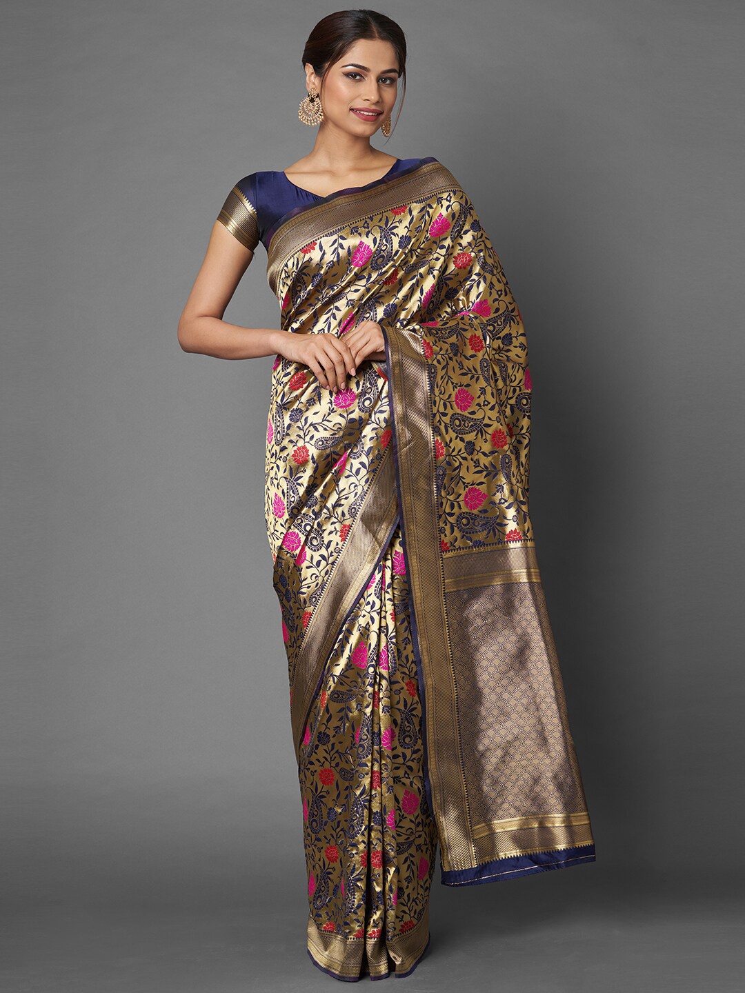 

Mitera Gold & Blue Ethnic Motifs Zari Silk Blend Banarasi Saree