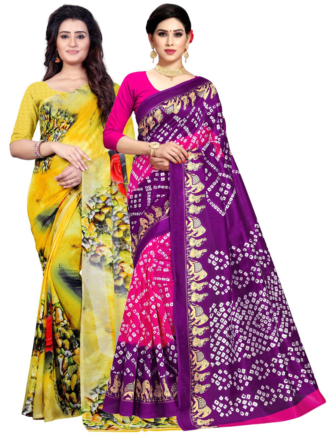 

KALINI Pack of 2 Poly Georgette Sarees, Yellow