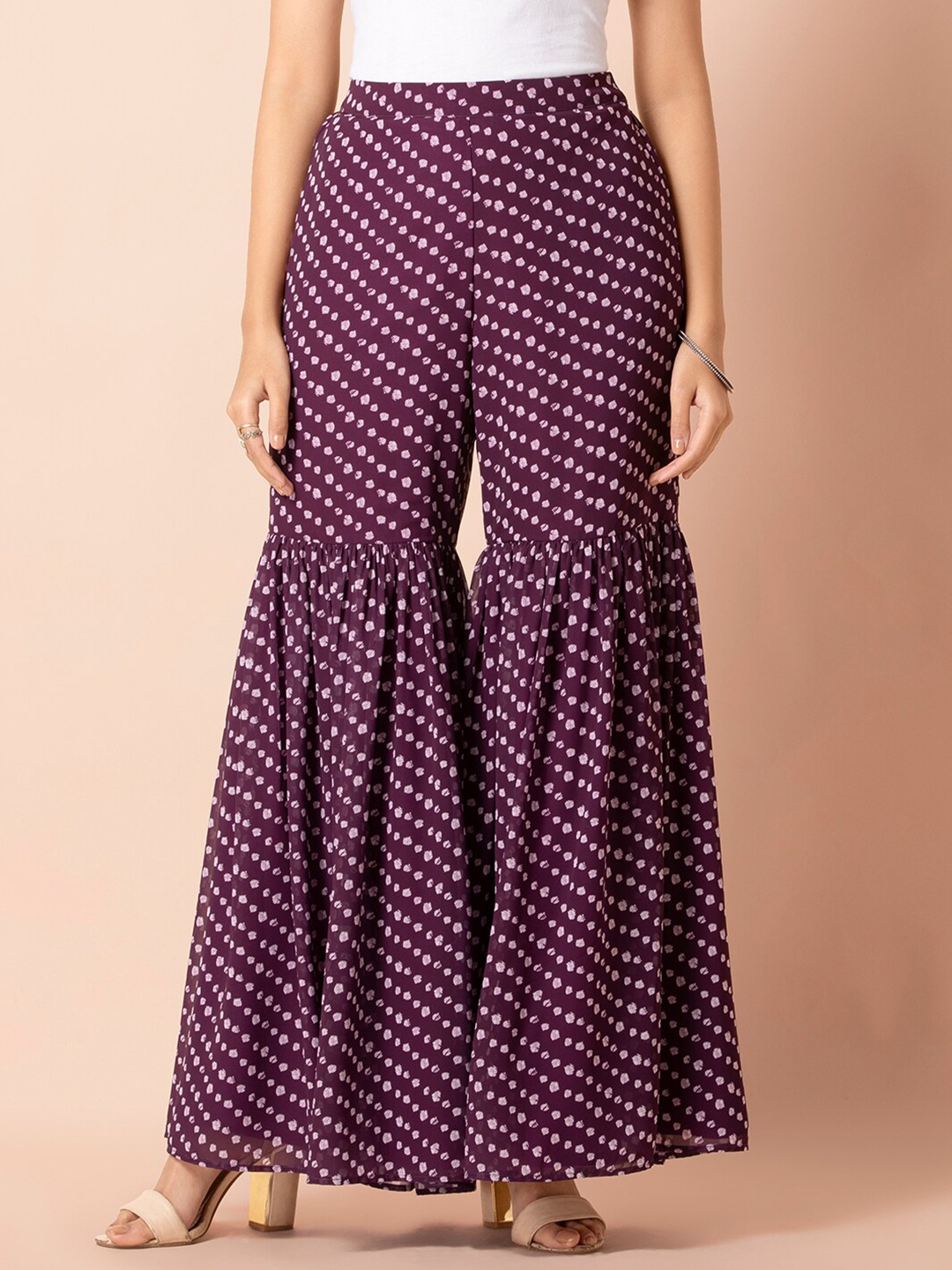 

INDYA Women Purple & White Bandhani Printed Flared Ethnic Sharara