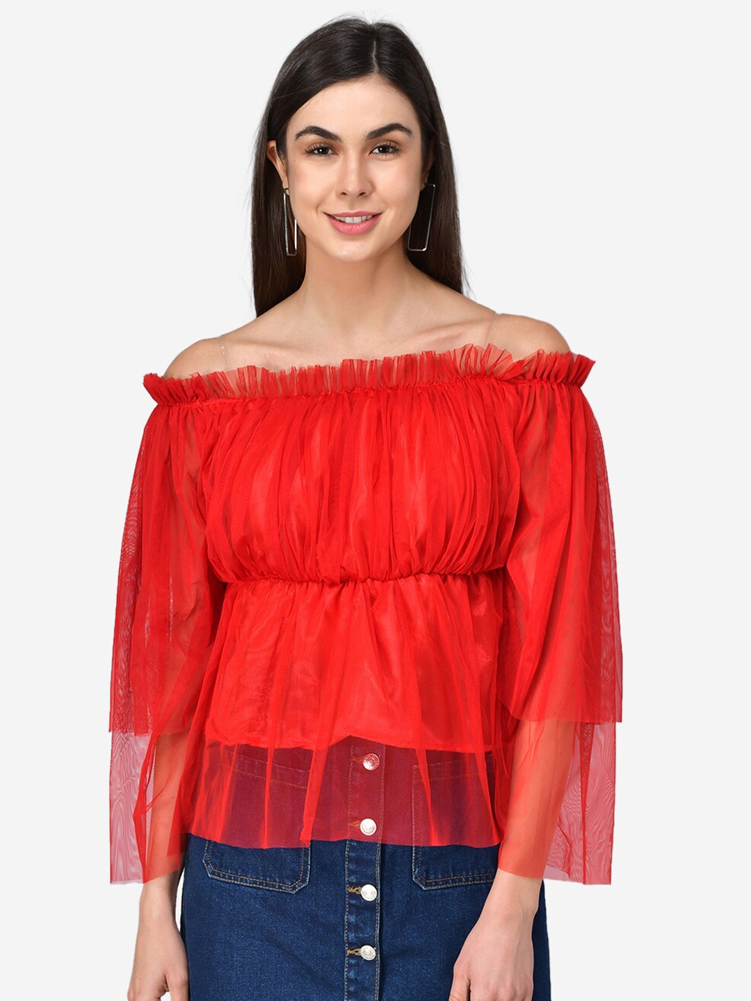 

Darzi Red Off-Shoulder Bell Sleeve Net Bardot Top