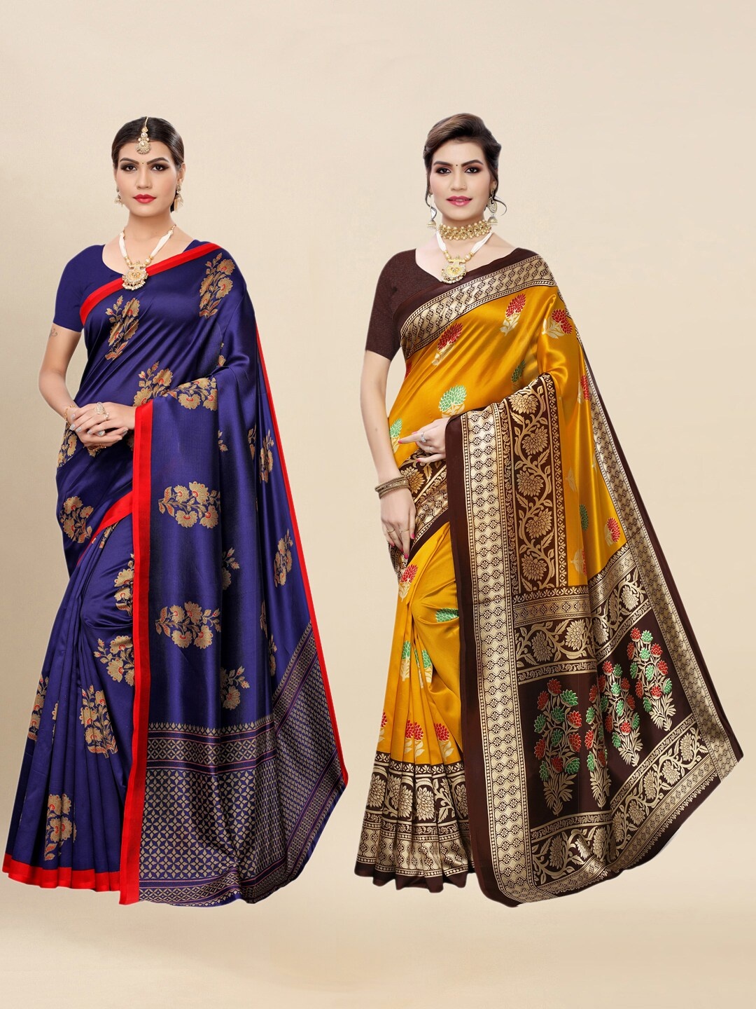 

KALINI Pack Of 2 Blue & Yellow Woven Design Zari Saree