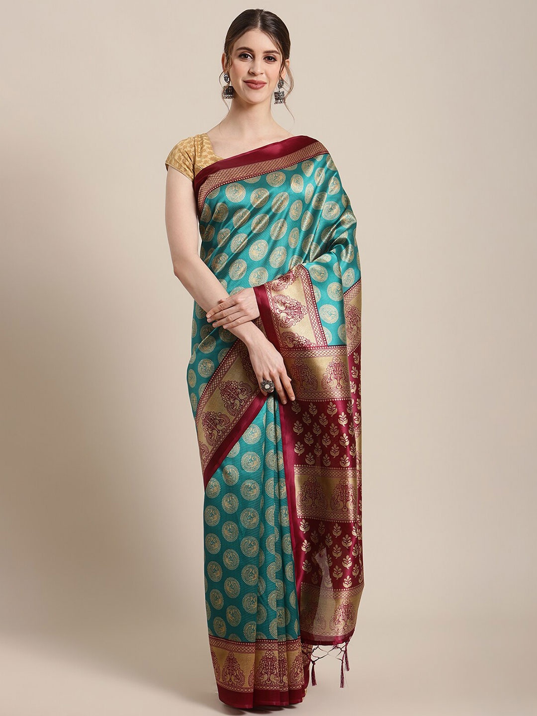 

KSUT Sea Green & Gold-Toned Ethnic Motifs Art Silk Mysore Silk Saree