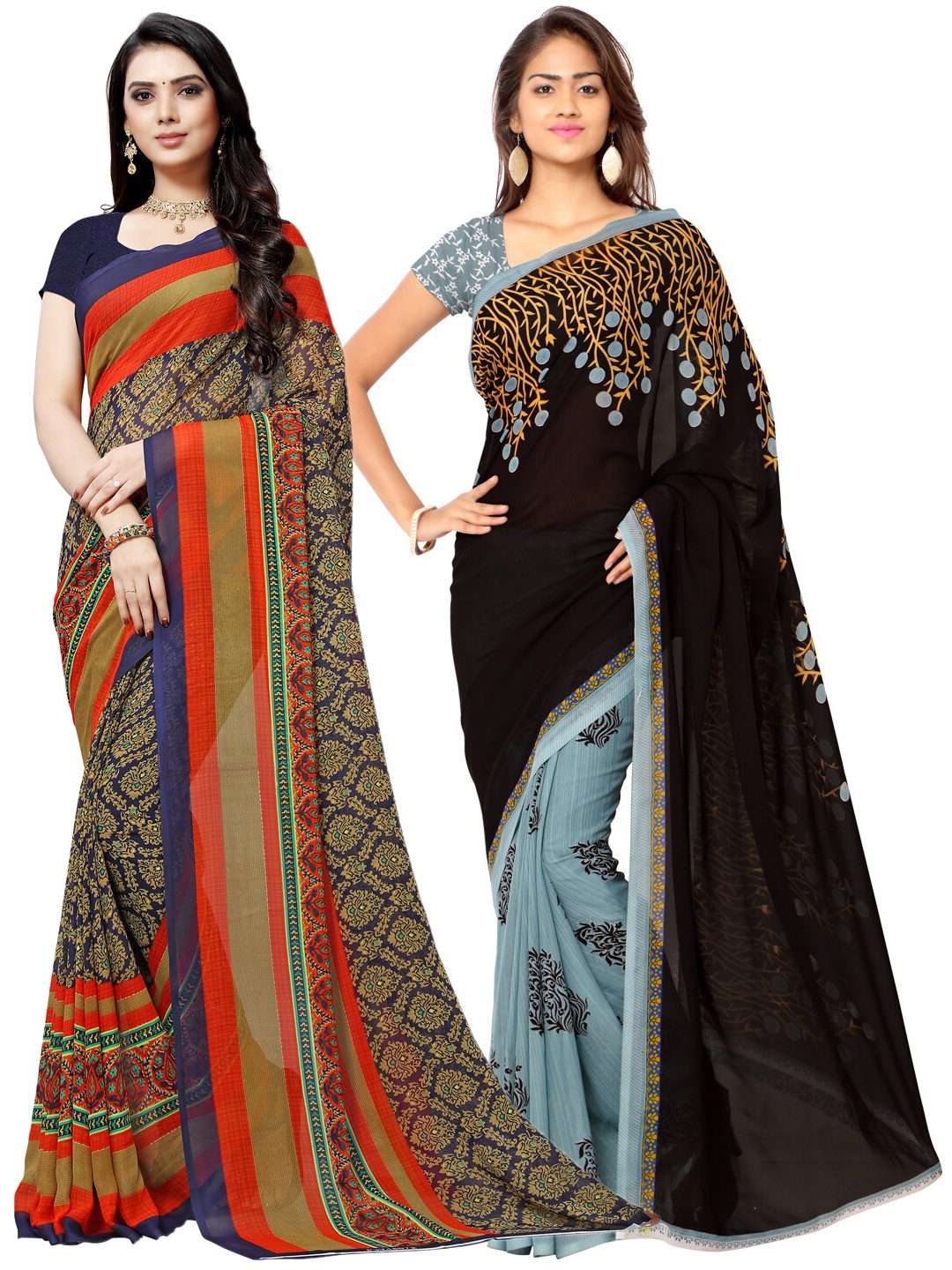 

ANAND SAREES Pack Of 2 Blue & Orange Ethnic Motifs Saree