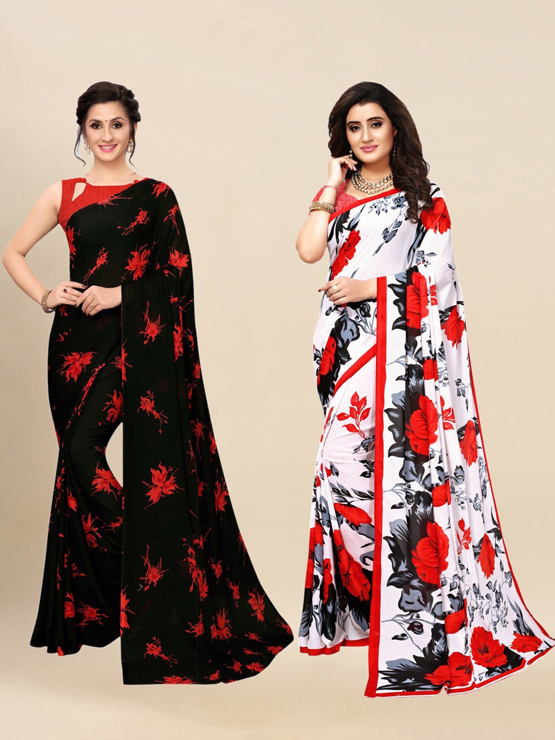 

KALINI Pack Of 2 Black & White Floral Sarees