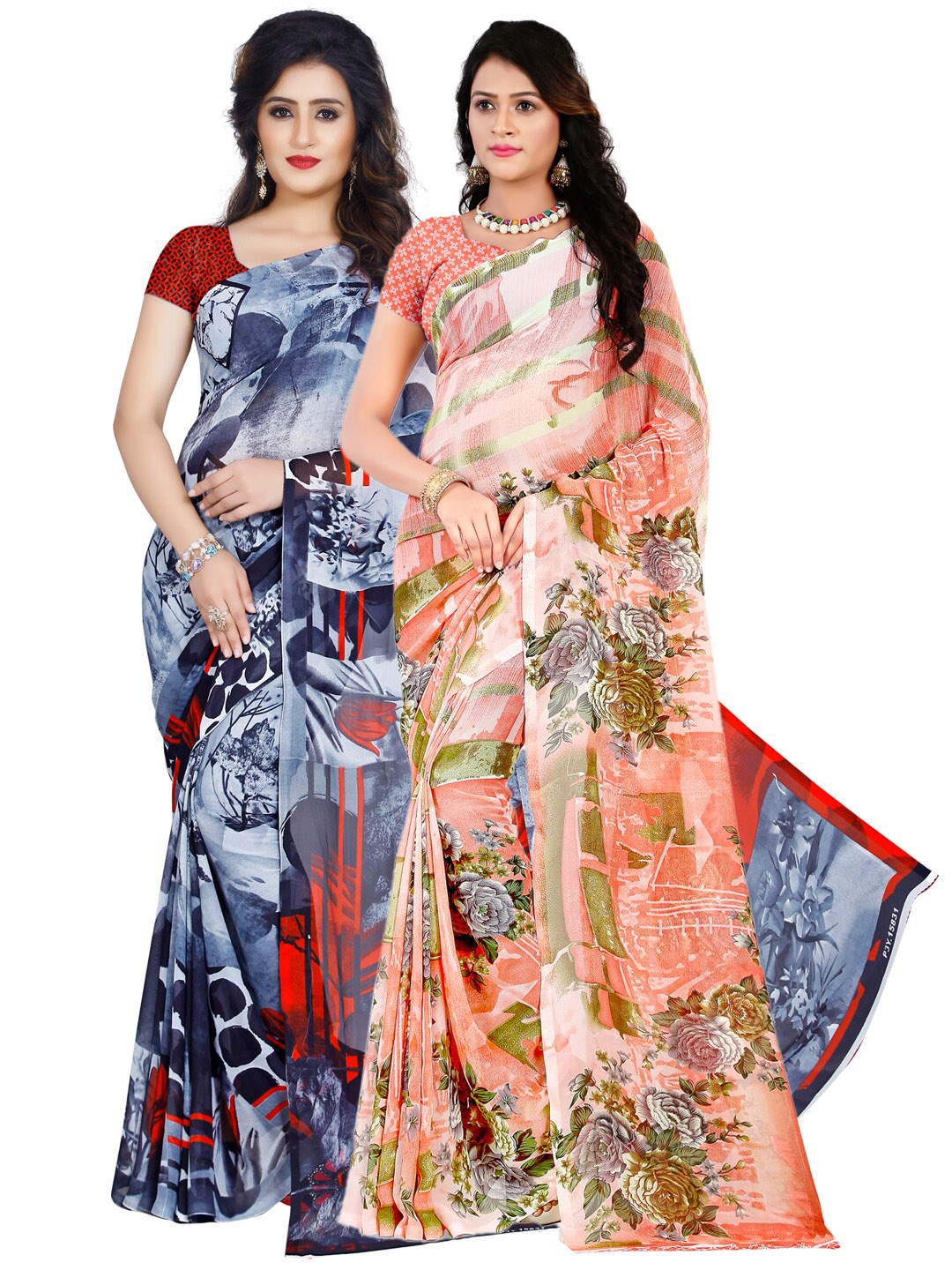 

ANAND SAREES Peach & Blue Pack of 2 Printed Sarees