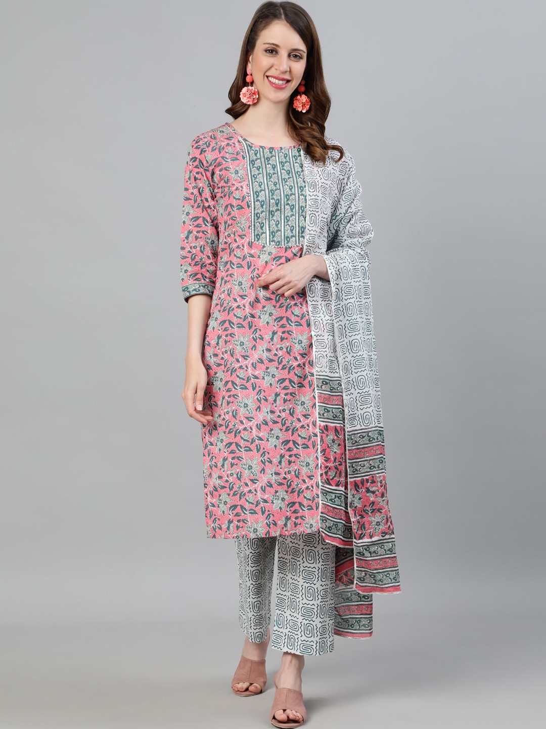

Jaipur Kurti Women Pink Floral Printed Panelled Pure Cotton Kurti with Trousers & With Dupatta