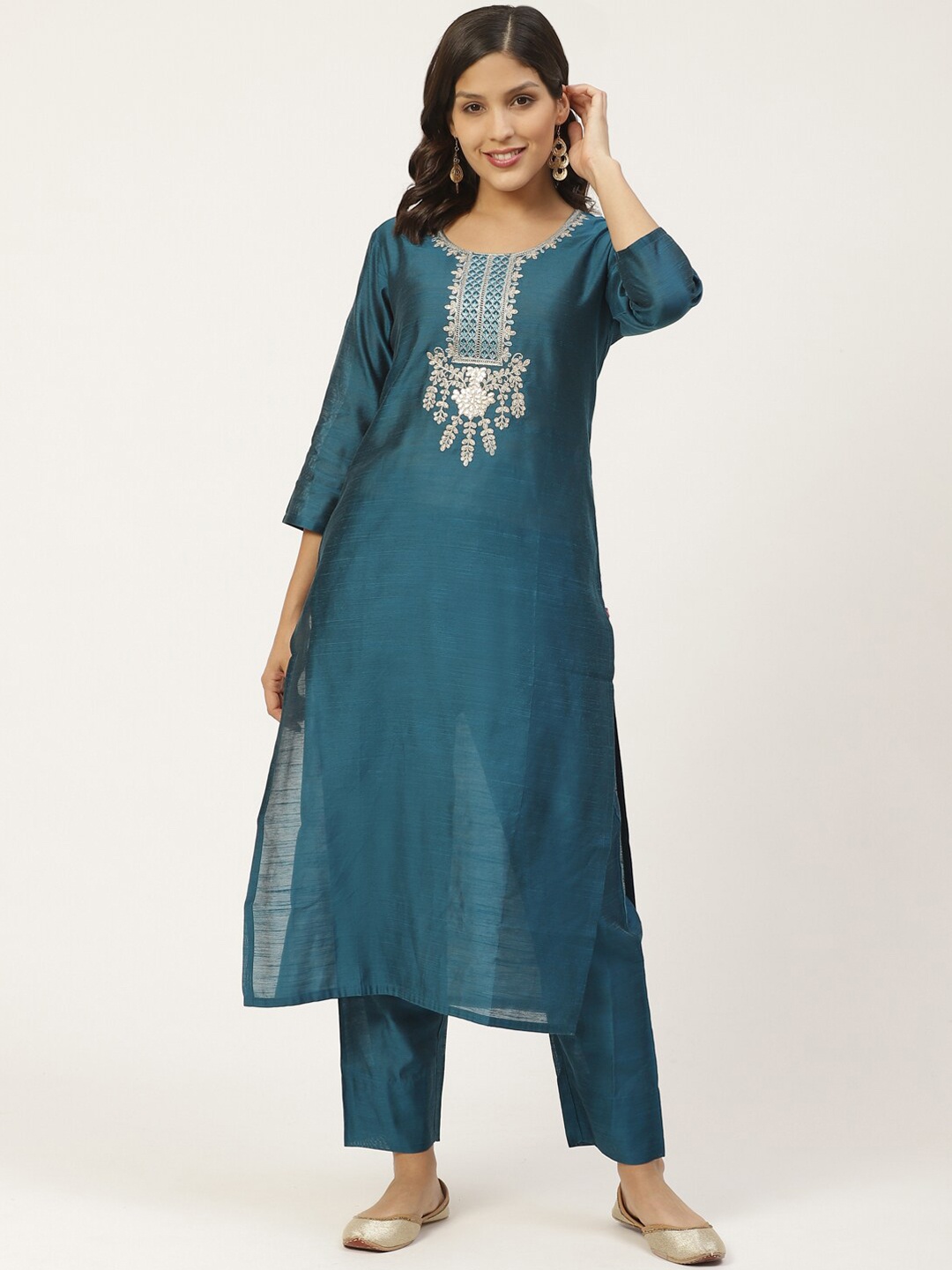 

Varanga Women Teal Blue Ethnic Motifs Yoke Design Kurta with Trousers