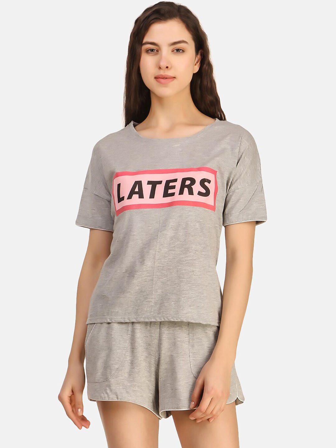 

Masha Women Grey & Pink Laters Printed Night suit