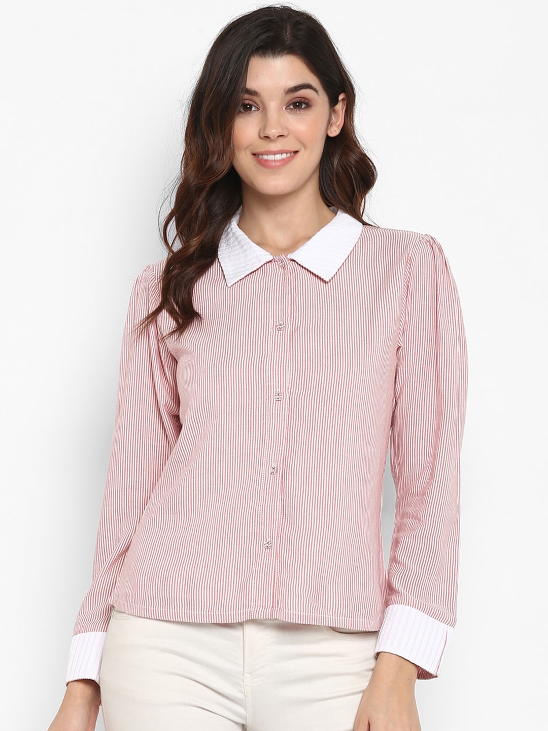 

DEEBACO Women Pink Front Button Closure Striped Shirt