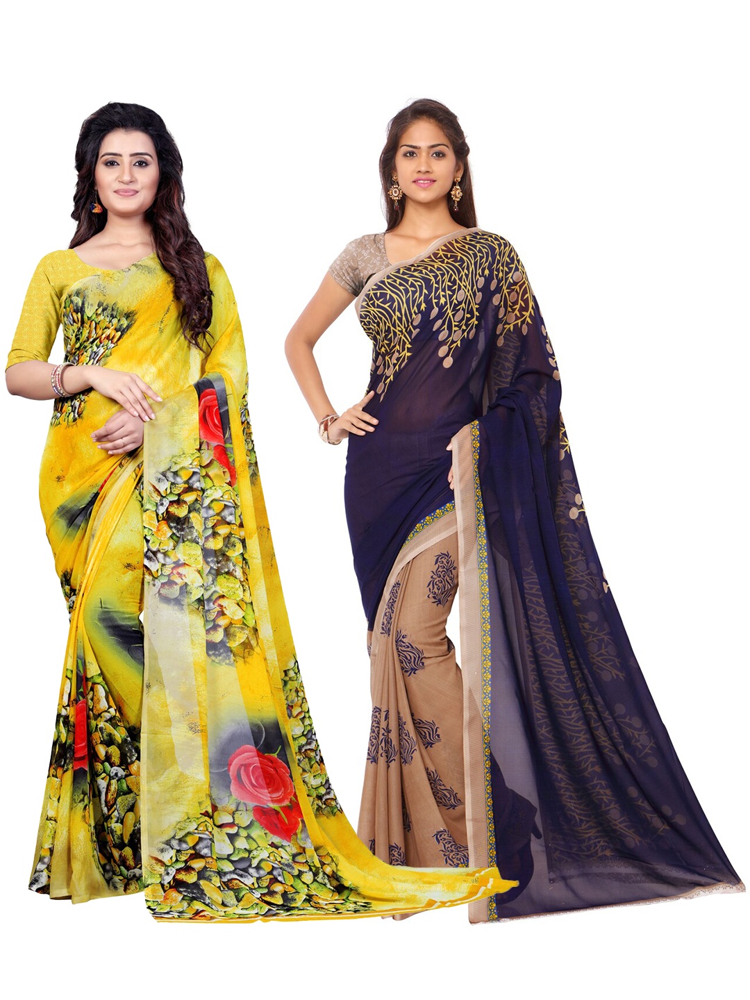 

ANAND SAREES Pack Of 2 Yellow & Navy Blue Floral Poly Georgette Sarees