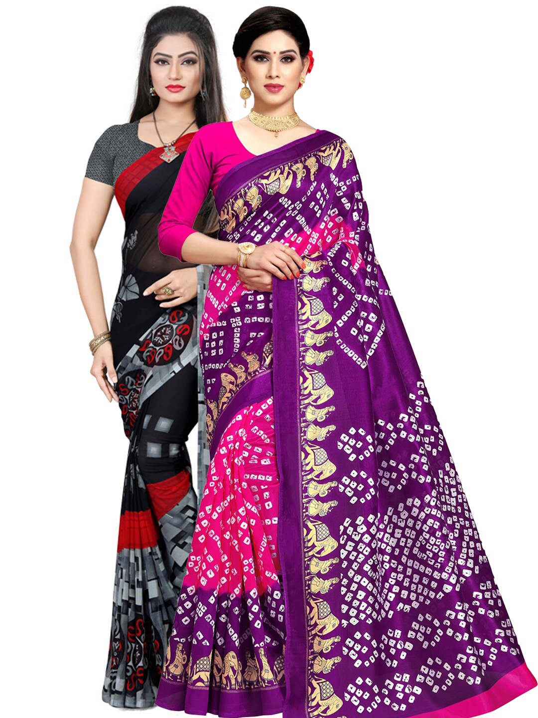 

KALINI Pack Of 2 Purple & Pink Ethnic Motifs Poly Georgette Saree