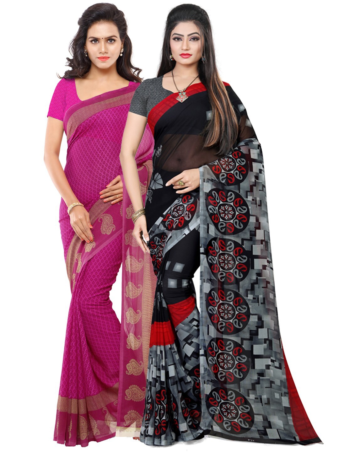 ANAND SAREES Pack Of 2 Black & Pink Printed Sarees