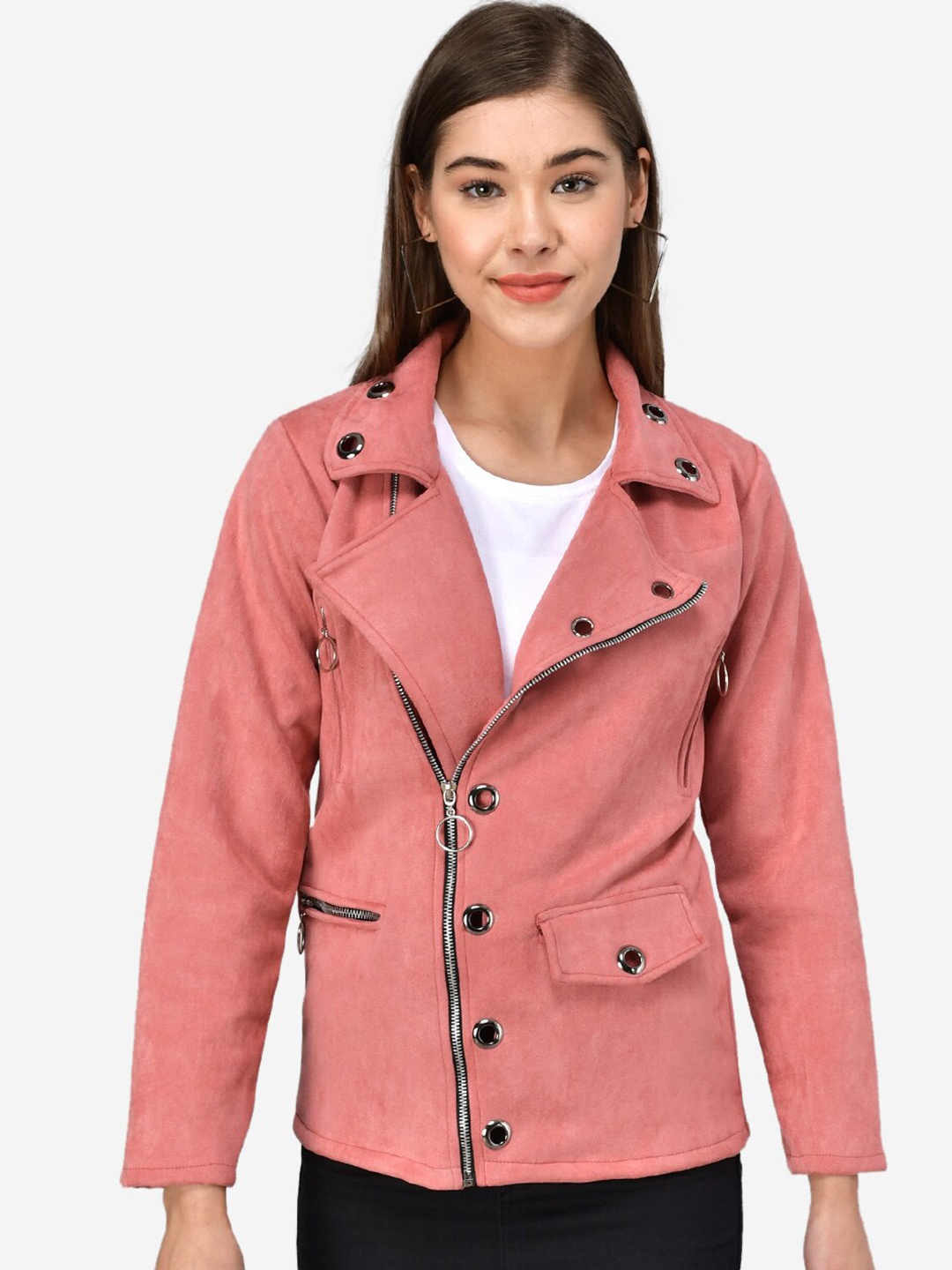 

Darzi Women Pink Longline Denim Jacket with Embroidered