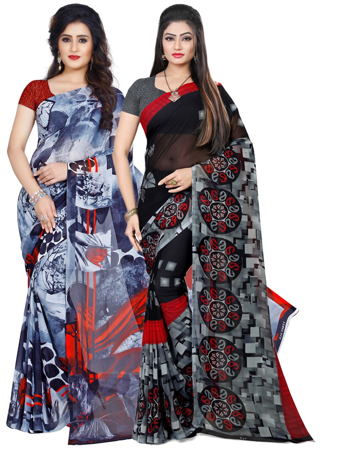 

ANAND SAREES Pack Of 2 Grey & Red Floral Poly Georgette Saree