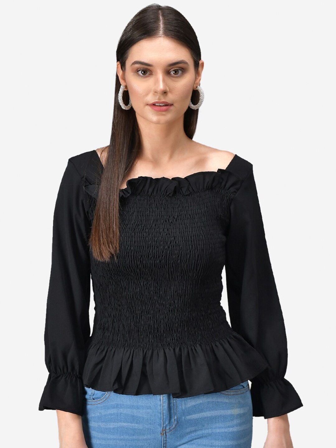 

Darzi Black Off-Shoulder Bell Sleeve Crepe Bardot Top