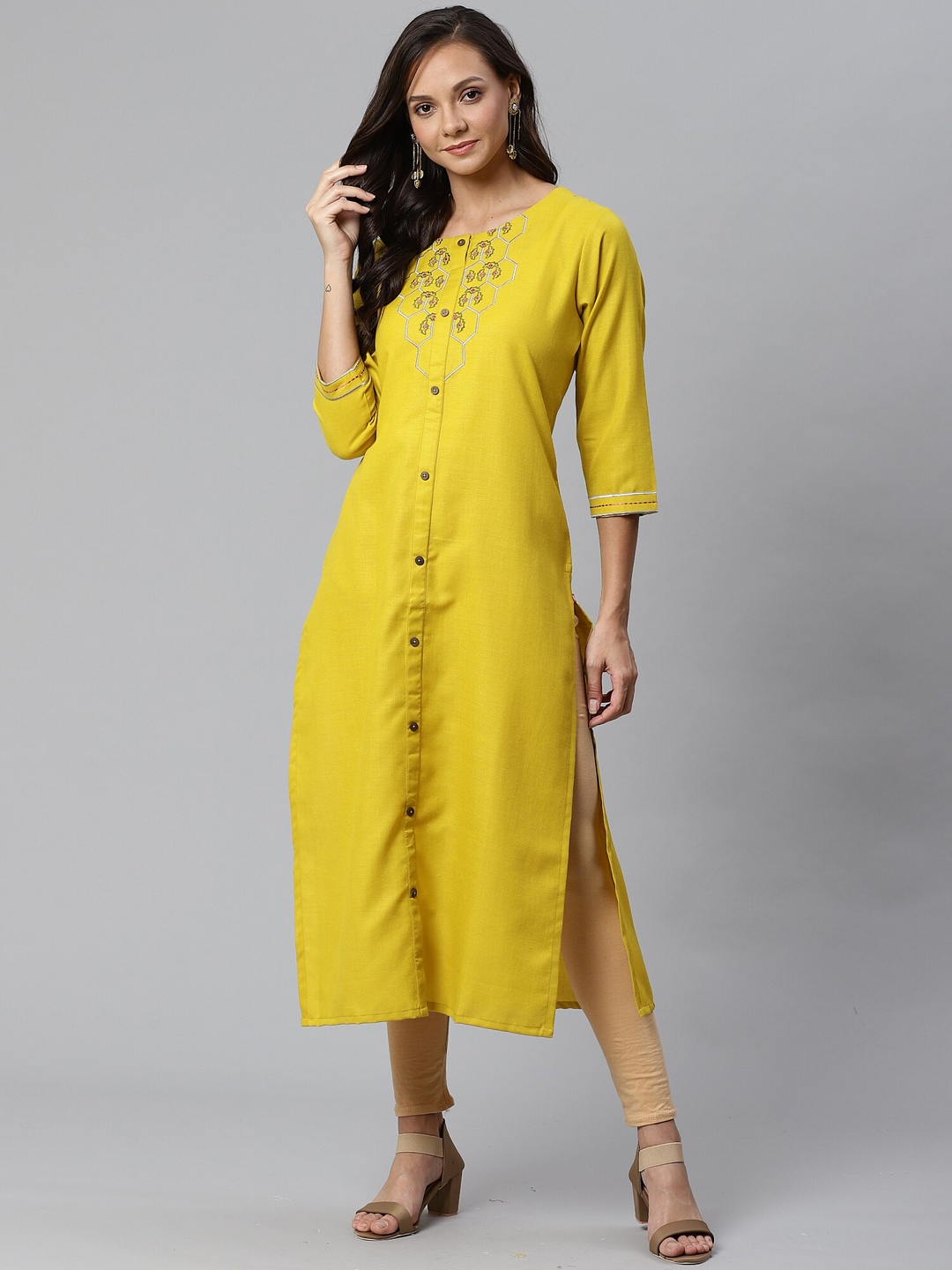 

Varanga Women Yellow Ethnic Motifs Yoke Design Cotton Kurta