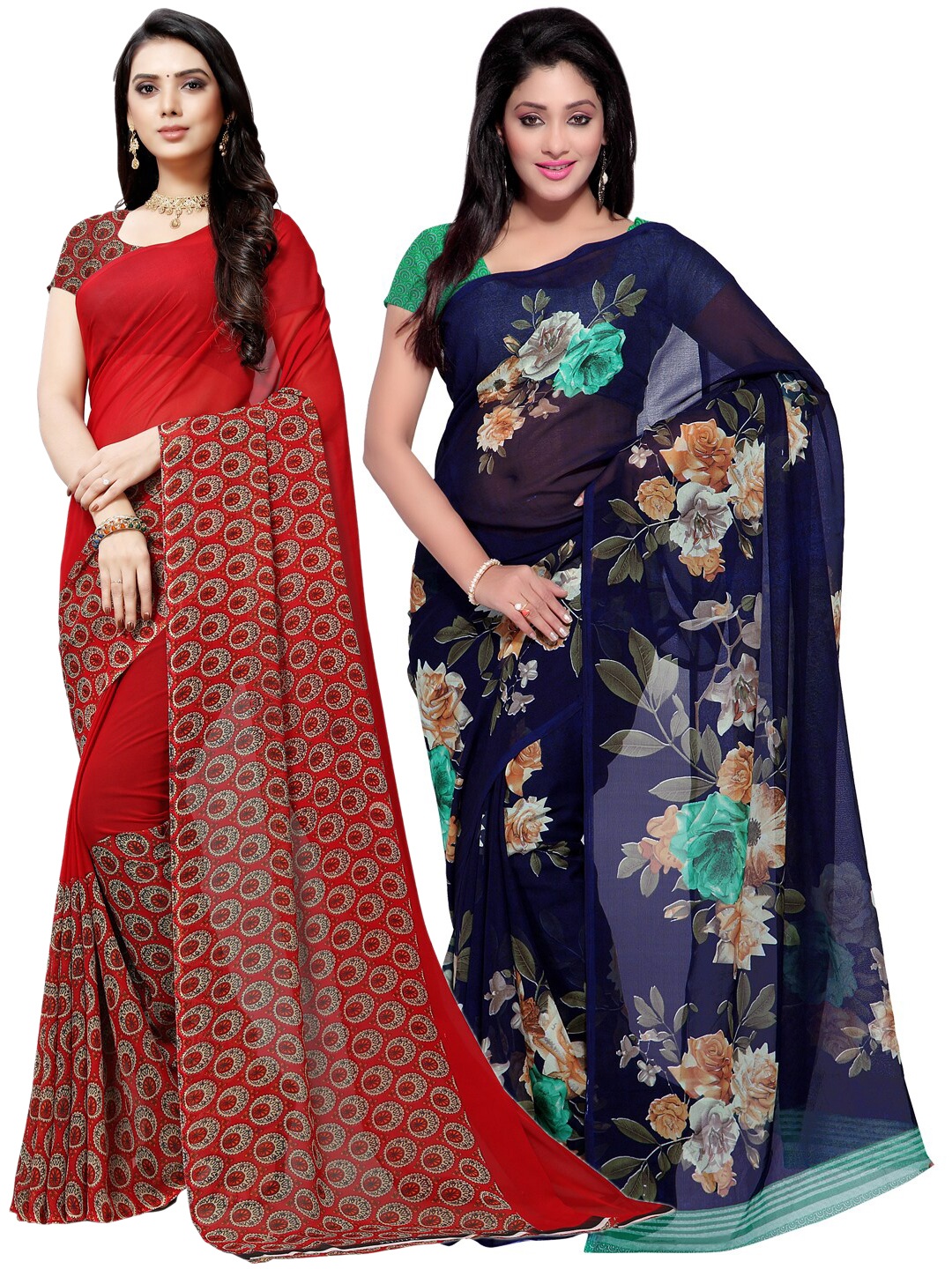 

ANAND SAREES Pack Of 2 Red & Blue Floral Saree