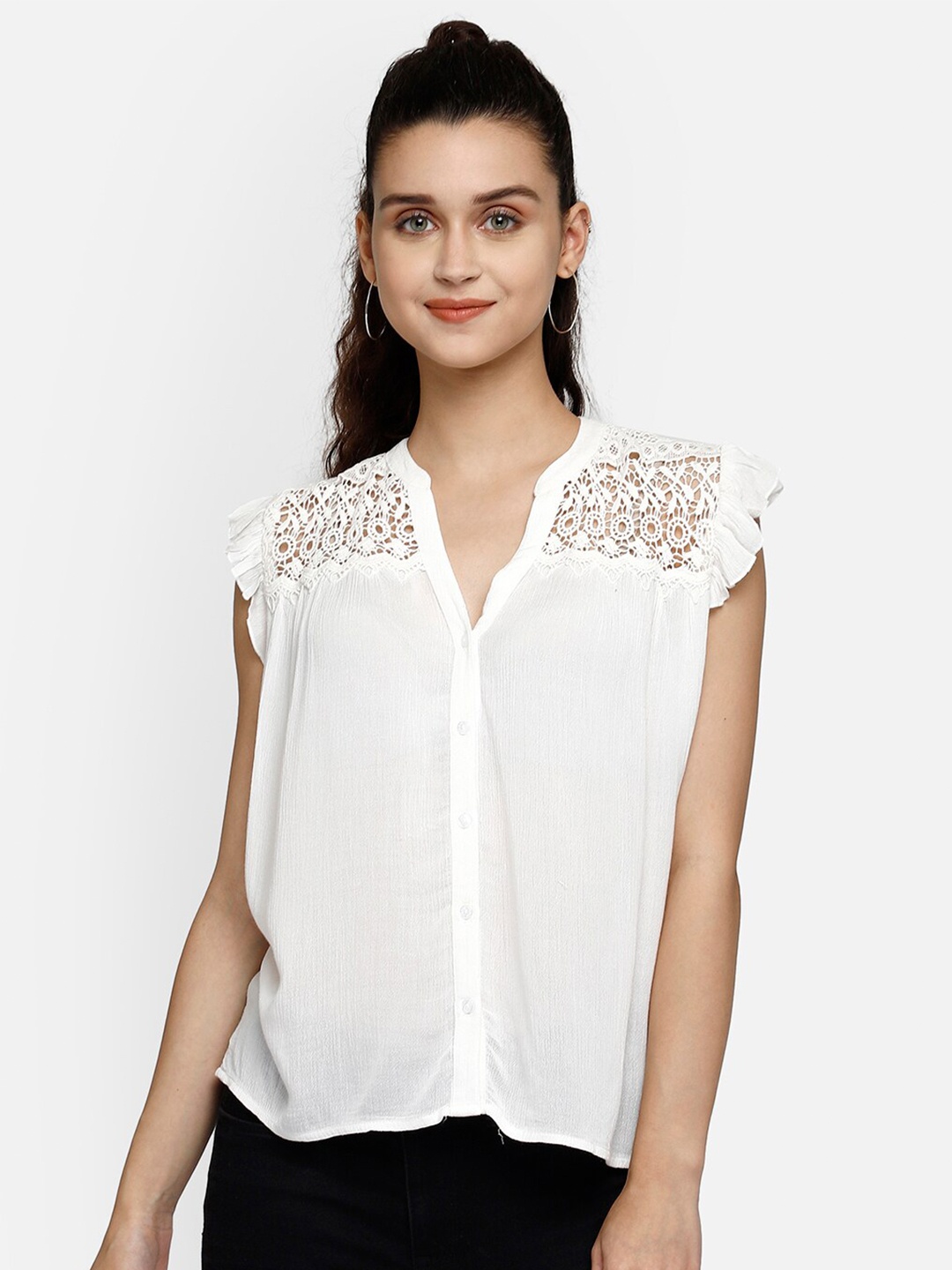 

Aditi Wasan White Mandarin Collar Flutter Sleeve Regular Top