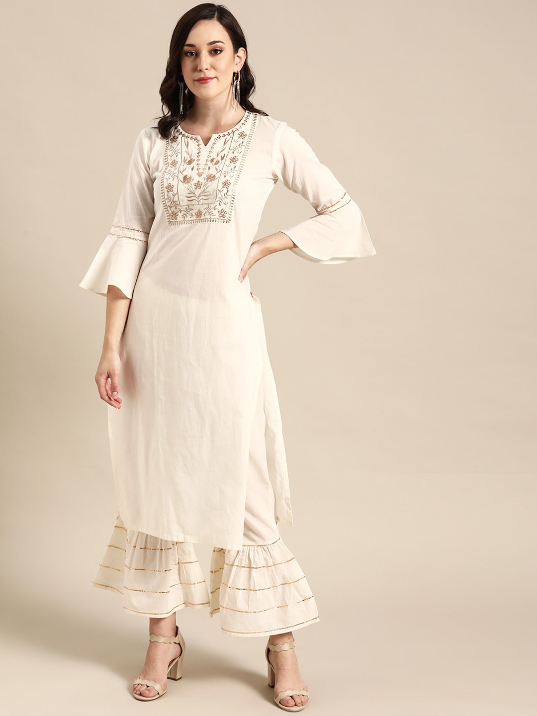 

Varanga Women Off White Floral Yoke Design Pure Cotton Kurta with Sharara