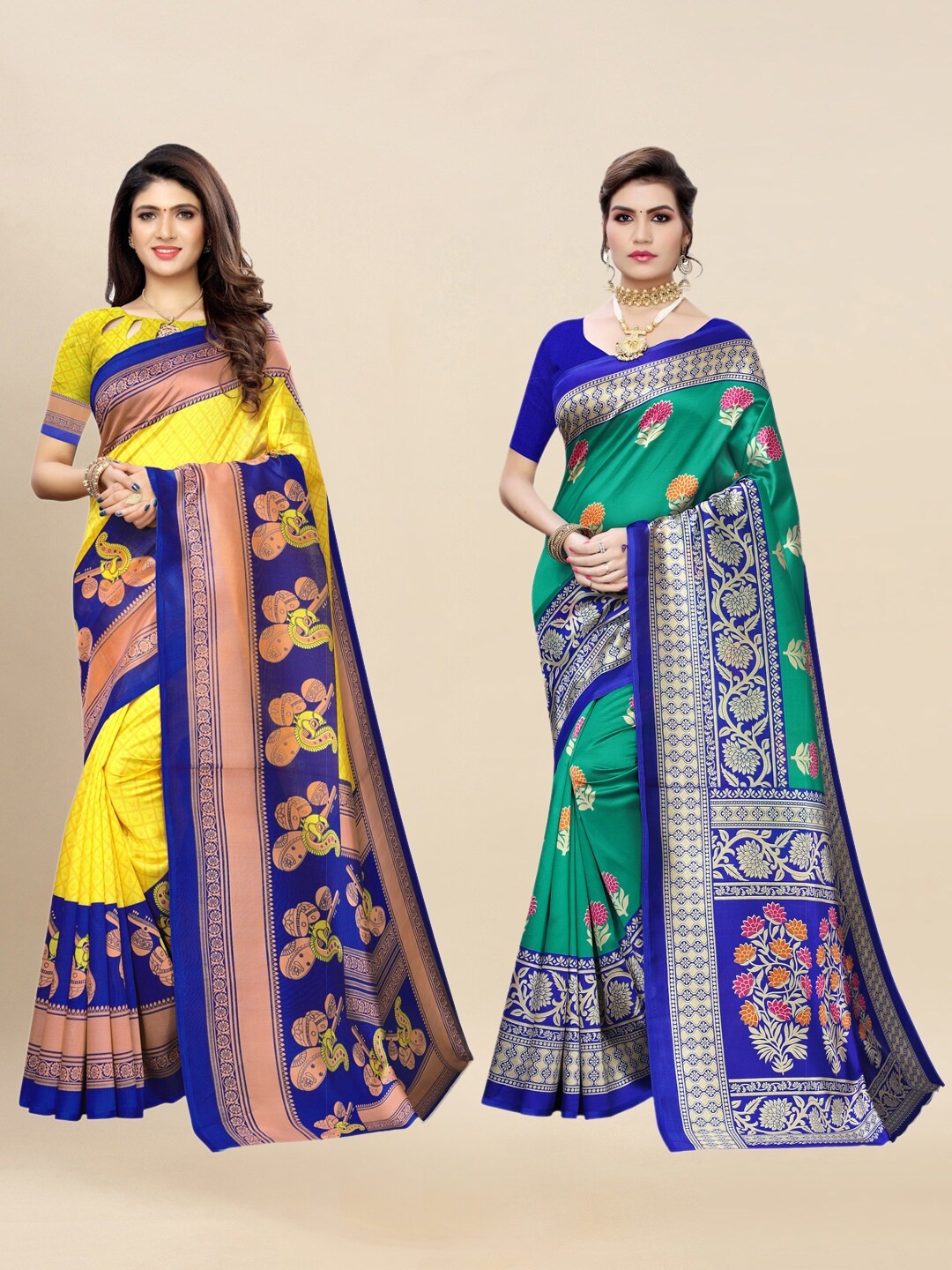 

KALINI Pack of 2 Yellow & Blue Floral Poly Silk Saree