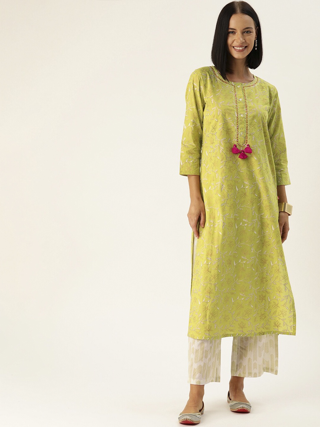 

Varanga Women Lime Green & Beige Ethnic Motifs Pure Cotton Kurta with Trousers