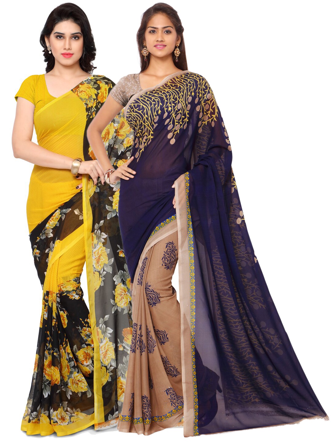 ANAND SAREES Pack Of 2 Blue & Yellow Floral Sarees