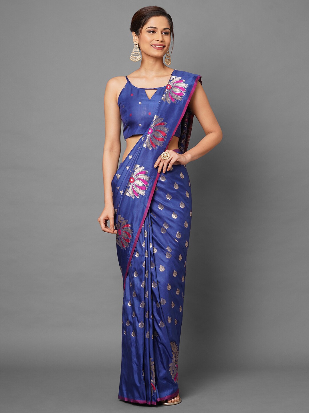 

Mitera Blue & Silver-Toned Woven Design Silk Blend Banarasi Saree