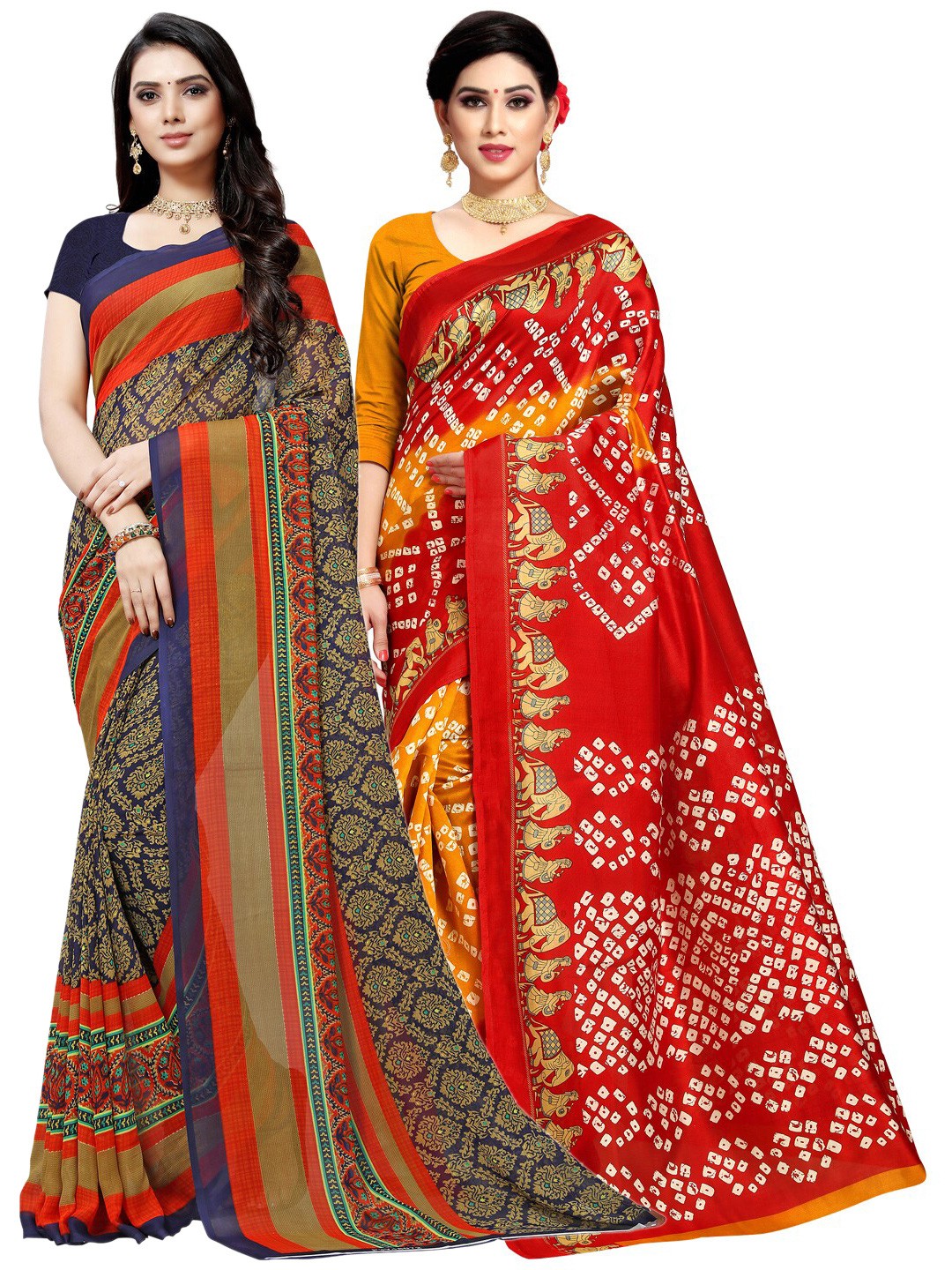 

KALINI Navy Blue & Red Set of 2 Poly Georgette Saree