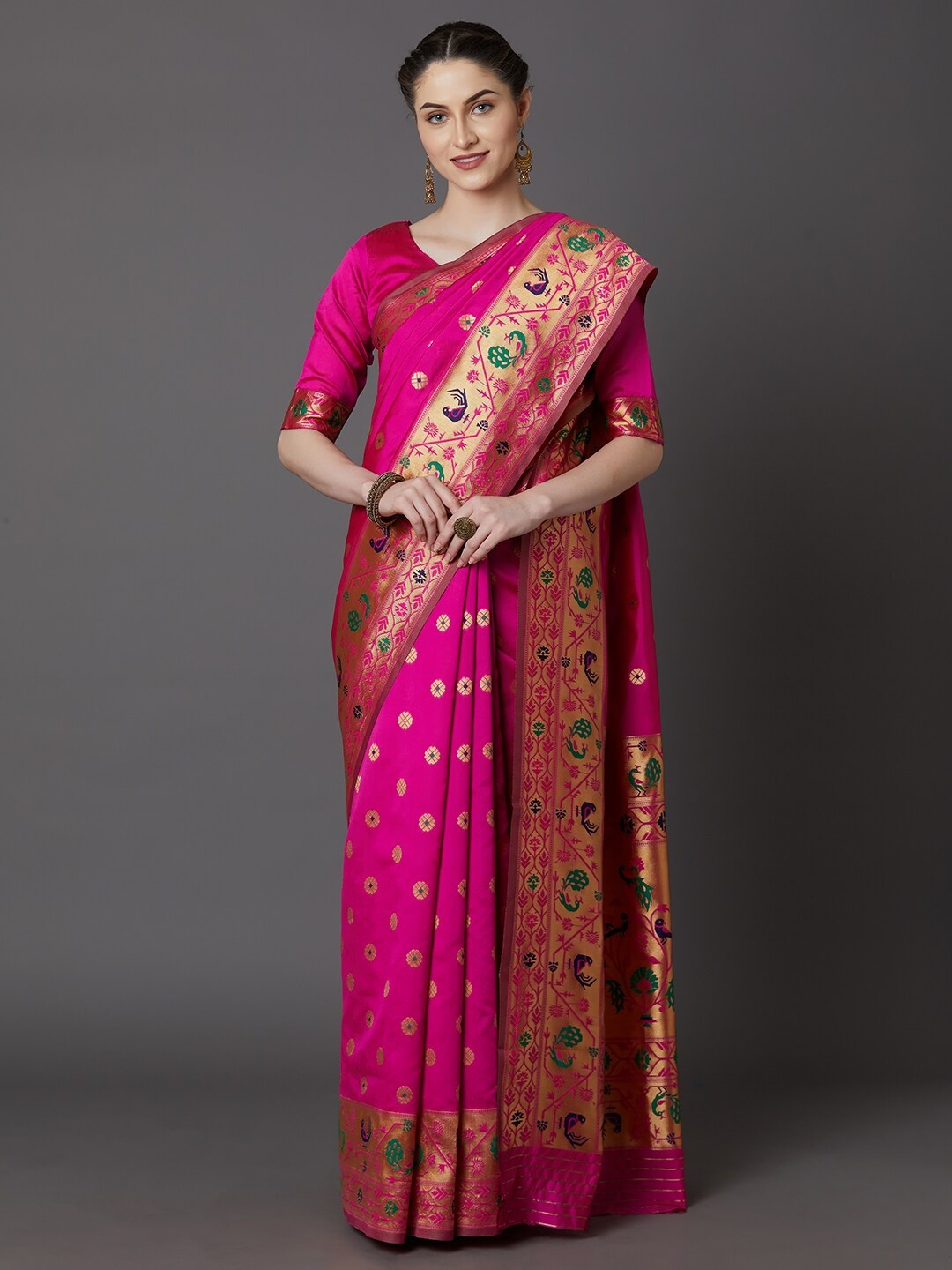 

Mitera Pink & Green Ethnic Motifs Zari Silk Blend Banarasi Saree