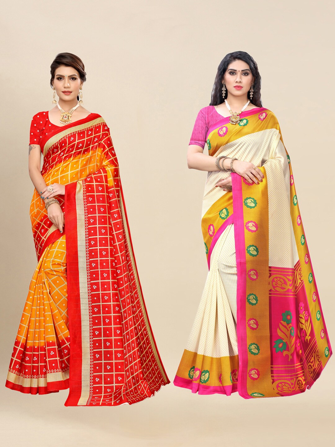

KALINI Pack of 2 Printed Art Silk Saree, Yellow