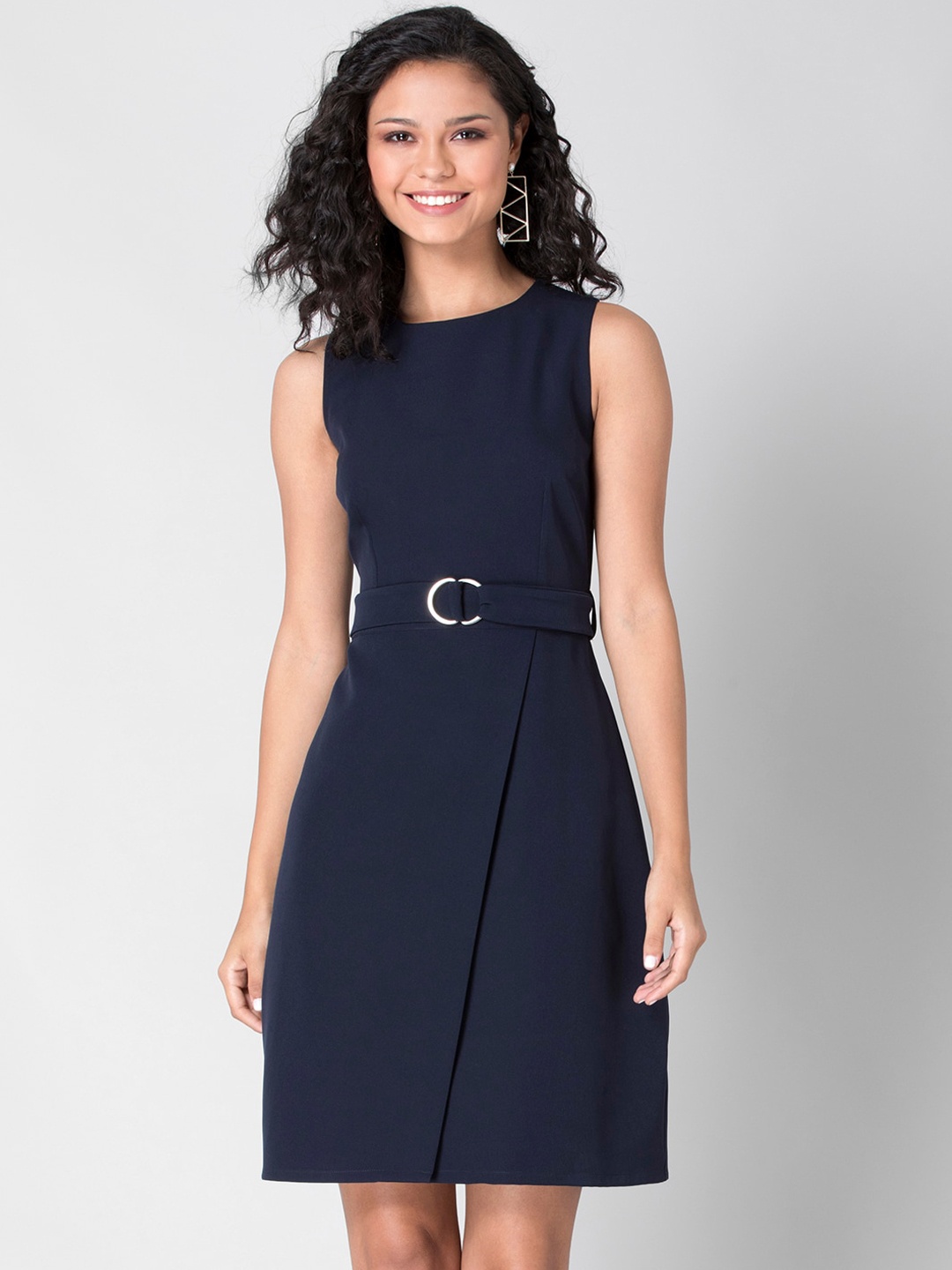 

FabAlley Women Navy Blue Solid Sleeveless Crepe Belted Sheath Dress