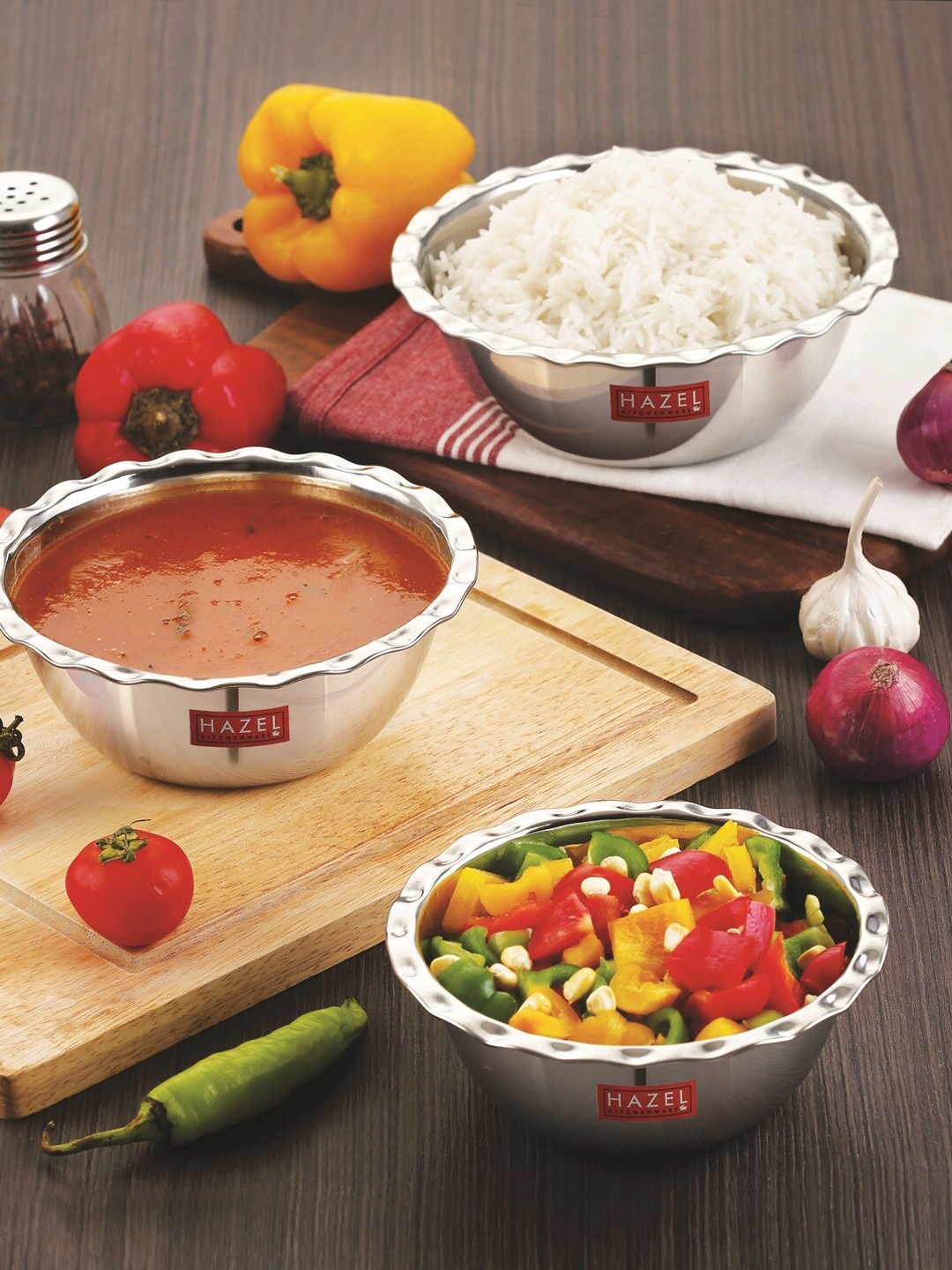 

HAZEL Set Of 3 Silver-Toned Solid Stainless Steel Serving Bowl Wati Vati Katori